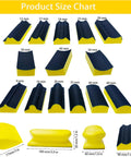 Product size chart showing 16 contoured sander blocks with 40 sheet sandpaper for woodworking moldings, various shapes and sizes.