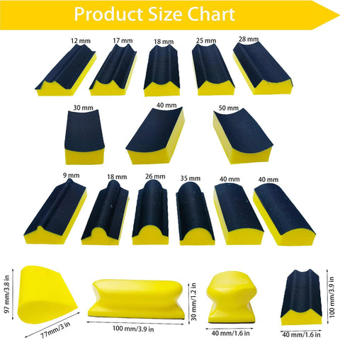 Product size chart showing 16 contoured sander blocks with 40 sheet sandpaper for woodworking moldings, various shapes and sizes.