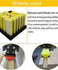 16 Piece Contoured Sanding Block Set With Interchangeable Convex Concave Shapes displayed on a black base, shown in various applications.