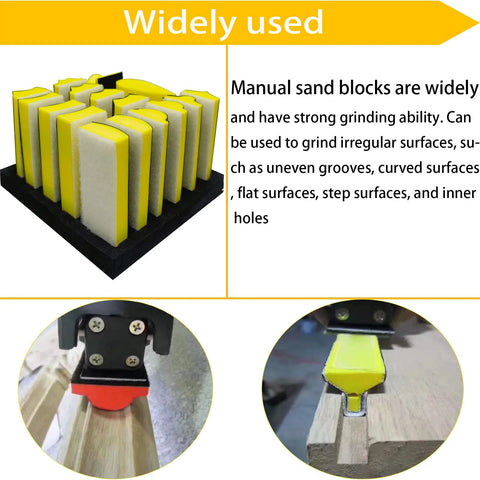 16 Piece Contoured Sanding Block Set With Interchangeable Convex Concave Shapes displayed on a black base, shown in various applications.