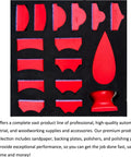 16 Piece Contoured Sanding Block Set with Interchangeable Hook and Loop Shapes, red foam blocks in various shapes on black background