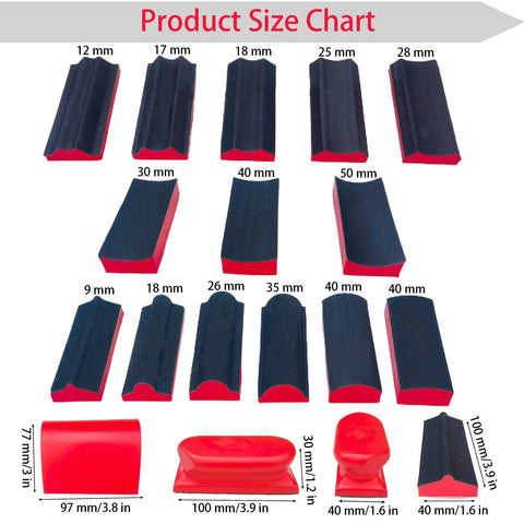 16 Piece Contoured Sanding Block Set With Interchangeable Hook And Loop Shapes - various sizes and shapes displayed on size chart