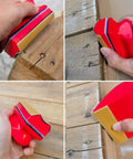 16 Piece Contoured Sanding Block Set With Interchangeable Hook And Loop Shapes in use on wooden edges