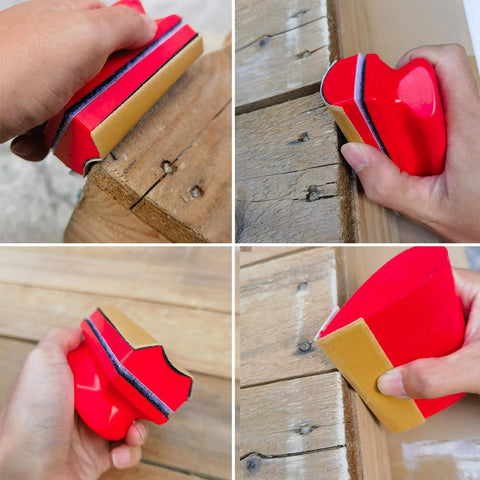 16 Piece Contoured Sanding Block Set With Interchangeable Hook And Loop Shapes in use on wooden edges