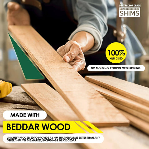 Person handling contractor grade wood shims 56 count 8 inch pack for leveling and precise alignment easy snap design