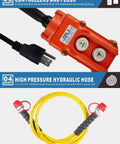 Controllers and plugs with 6-foot cord and US grounding plug; high pressure hydraulic hose 1/4" ID 6ft 10000psi