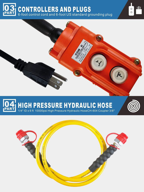 Controllers and plugs with 6-foot cord and US grounding plug; high pressure hydraulic hose 1/4" ID 6ft 10000psi