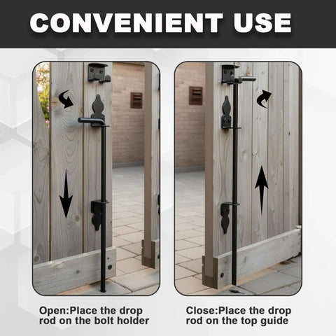 Image showing Two Pack 18 Inch Heavy Duty Cane Bolt Gate Drop Rod Stopper Hardware installed on a wooden gate for secure holding.