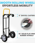 ✝️ 2 in 1 Convertible Hand Truck and Dolly, 800LBS with 10" flat-free rubber wheels and 4" swivel casters shown