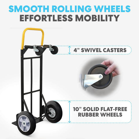 ✝️ 2 in 1 Convertible Hand Truck and Dolly, 800LBS with 10" flat-free rubber wheels and 4" swivel casters shown
