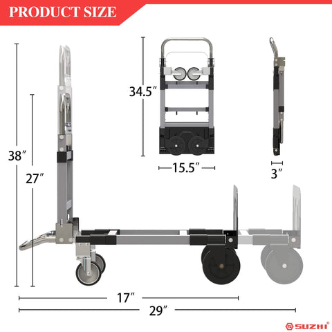 ✝️ 3 in 1 Convertible Hand Truck Dolly Cart with Wheels Collapsible/Folding handtruck Dolly shown with dimensions and adjustable height