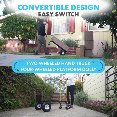Person using ✝️ 2 in 1 Convertible Hand Truck and Dolly, 800LBS – Heavy-Duty Moving Dolly Cart with 10" Flat Free Rubber Wheels & Handle outdoors