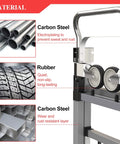 Close-up of 3 in 1 Convertible Hand Truck Dolly Cart with Wheels, highlighting carbon steel frame and rubber wheels for durability and stability.