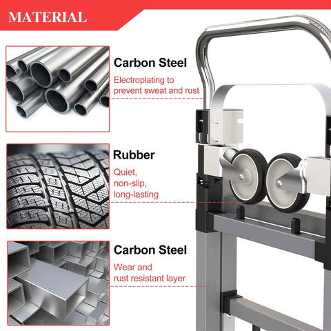 Close-up of 3 in 1 Convertible Hand Truck Dolly Cart with Wheels, highlighting carbon steel frame and rubber wheels for durability and stability.