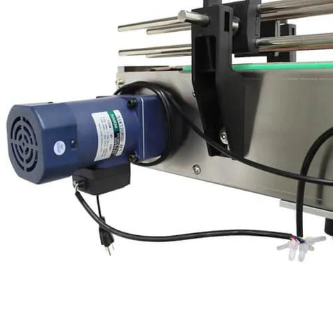Close-up of motor on chain plate conveyor belt for assembly line with height and speed adjustable 110V 73.62 inch by 3.94 inch.