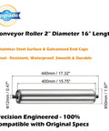 Conveyor Roller 2" Diameter 16" Length, Stainless Steel Gravity Transmission Replacement Part Galvanized End, Silver.