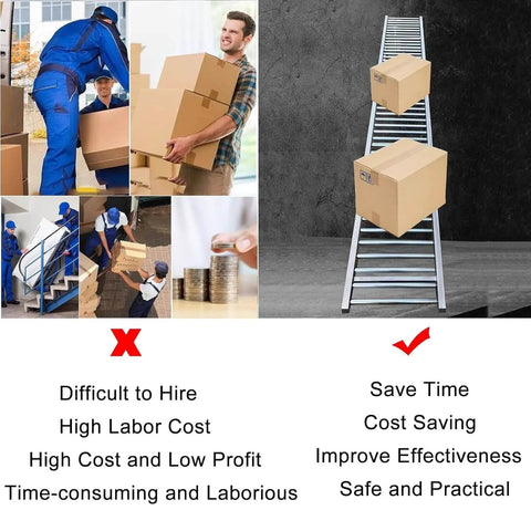Comparison of manual labor with heavy-duty stainless steel conveyor roller belt for efficient warehouse transport.