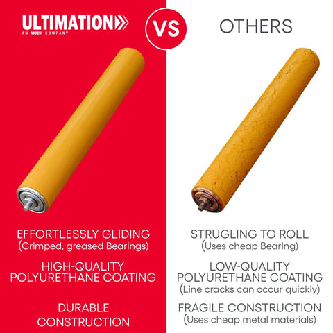 Comparison of Ultimation effortlessly gliding, high-quality polyurethane coated conveyor roller vs. other struggling to roll versions