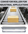 Conveyor roller for industrial applications with cardboard boxes on galvanized steel rollers for smooth motion and alignment.