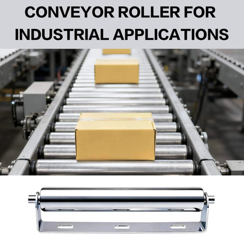 Conveyor roller for industrial applications with cardboard boxes on galvanized steel rollers for smooth motion and alignment.