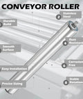 Conveyor Roller 2" Diameter 16" Length, Stainless Steel Gravity Transmission Replacement Part Galvanized End, Silver, shown with labeled features like stainless steel and rust resistance for smooth motion and stable alignment in automation.