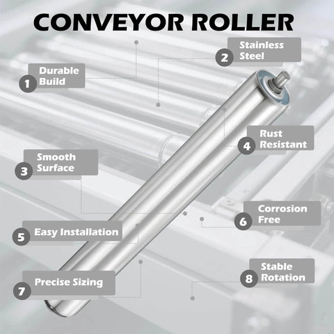 Conveyor Roller 2" Diameter 16" Length, Stainless Steel Gravity Transmission Replacement Part Galvanized End, Silver, shown with labeled features like stainless steel and rust resistance for smooth motion and stable alignment in automation.