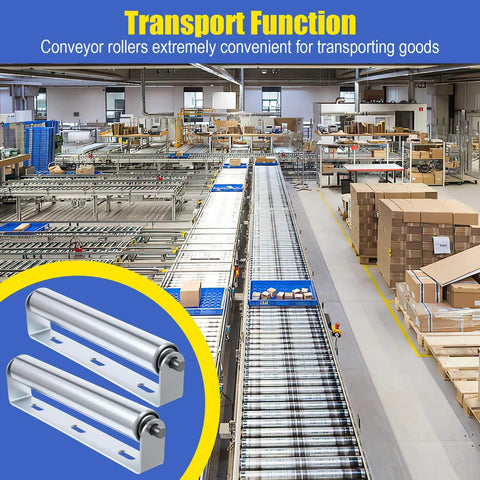 Industrial warehouse with conveyors, featuring ✝️ 2 Pack 10 Inch Long Roller and Bracket Set, 1.5 Inch Diameter Galvanized Steel Conveyor Rollers.