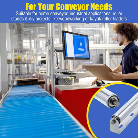 ✝️ 2 Pack 10 Inch Long Roller and Bracket Set, 1.5 Inch Diameter Galvanized Steel Conveyor Rollers in industrial setting