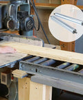 Conveyor in action with wood on rollers. Inset: ✝️ 4 Sets 1.5'' Diameter Conveyor Rollers with Stands 10'' Galvanized Steel Long Roller and Bracket Set Easy Install Industrial Use Metal Canoe Kayak Woodworking Heavy Goods Support Kit designed for smooth motion and stable alignment in automation.