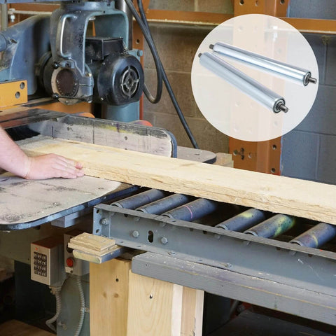 Conveyor in action with wood on rollers. Inset: ✝️ 4 Sets 1.5'' Diameter Conveyor Rollers with Stands 10'' Galvanized Steel Long Roller and Bracket Set Easy Install Industrial Use Metal Canoe Kayak Woodworking Heavy Goods Support Kit designed for smooth motion and stable alignment in automation.