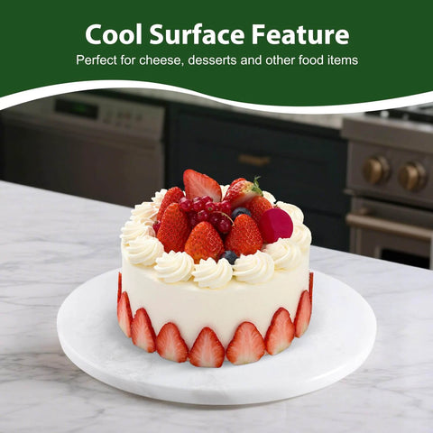 16 inch marble lazy susan turntable organizer made from natural stone, rotating tray featuring a cake with fresh fruit.