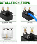 Installation steps for Mist Coolant Spray System For Metalworking CNC Lathes And Milling Machines, showing suction and air pipes.
