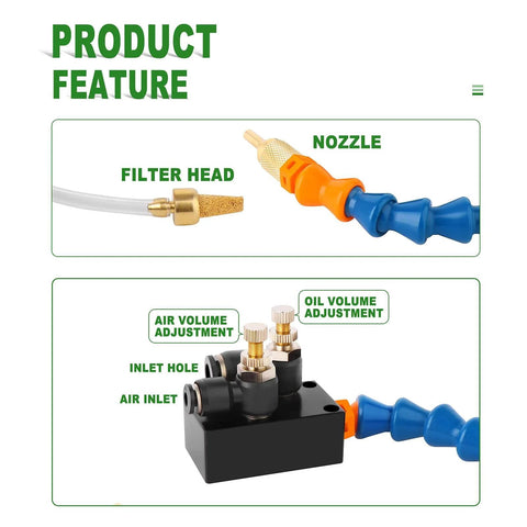 Mist Coolant Spray System For Metalworking CNC Lathes And Milling Machines, Pro Grade Cooling Sprayer, nozzle and filter head view