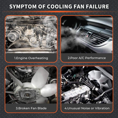 Symptoms of cooling fan failure: engine overheating, poor A/C performance, broken fan blade, unusual noise or vibration.