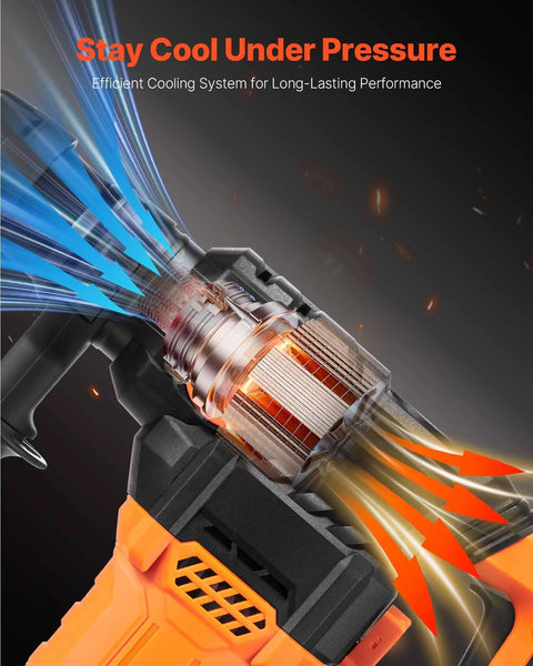 Powerful 1-1/4 inch SDS-Plus rotary hammer with 13A motor and 5.5J impact cooling system illustration.