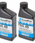 Two bottles of CoolPro PAG 46 synthetic refrigerant oil for R134a AC systems, 8 fl. oz each, with detailed labels