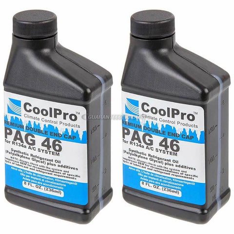 Two bottles of CoolPro PAG 46 synthetic refrigerant oil for R134a AC systems, 8 fl. oz each, with detailed labels