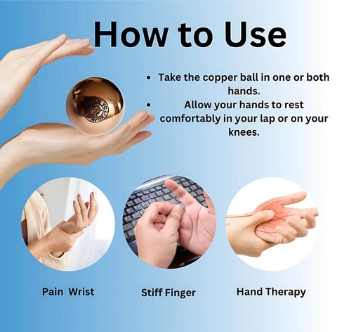 How to use 1.1 inches Copper Ball for pain wrist, stiff finger, hand therapy instructions with images.