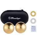 Tianigo Copper Baoding Balls Set with 1.57 inches Chinese health balls, metal stress relief hand massage balls, no chime, shown with accessories.