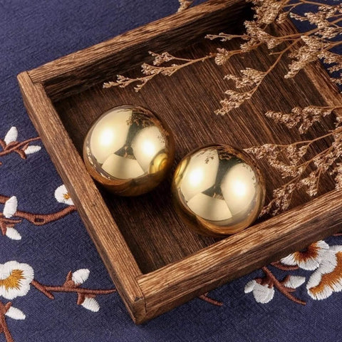 Tianigo Copper Baoding Balls Set, 1.57 Inches Chinese Health Balls, Metal Stress Relief Hand Massage Balls No Chime for Hand Exercise in wood tray