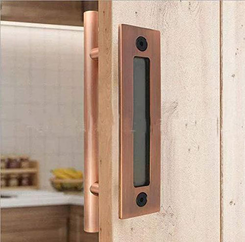 12 Inch Sliding Barn Door Handle Heavy Duty Pull And Flush Set with Rustic Two Side Design Antique Copper Finish on kitchen door