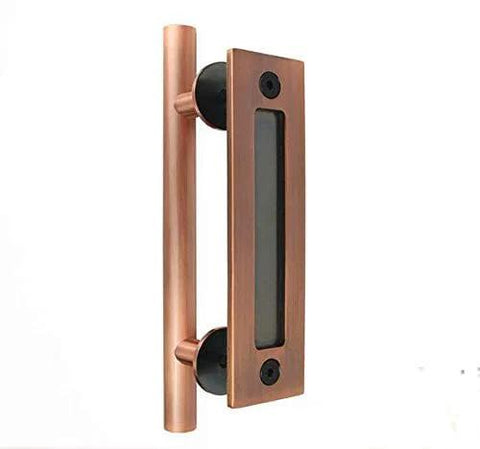 12 Inch Sliding Barn Door Handle Heavy Duty Pull And Flush Set With Rustic Two Side Design Antique Copper Finish