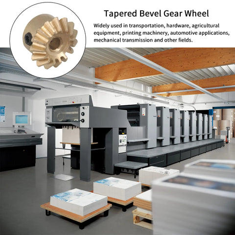15T Copper Bevel Gear Wheel 0.8 Modulus 3mm Bore 10mm OD shown with printing machinery in background