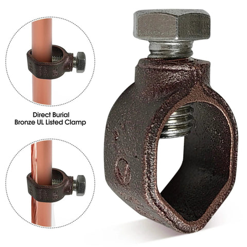 Direct burial bronze UL listed clamp for 4 Ft Copper Bond Ground Rod Kit with Easy Install Bronze UL Listed Clamp 5/8 Inch Grounding Rod For Fence Lightning Protection And Pool Earthing, Pro Grade Copper For Reliable Earth Bonding And Superior Electrical Performance, seen in detail.