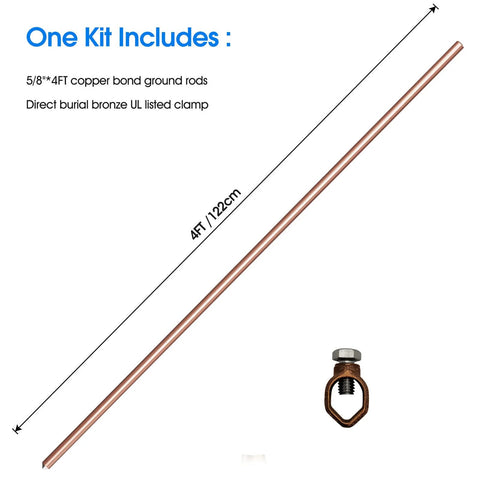 4 Ft Copper Bond Ground Rod Kit with Easy Install Bronze UL Listed Clamp for Lightning Protection and Pool Earthing