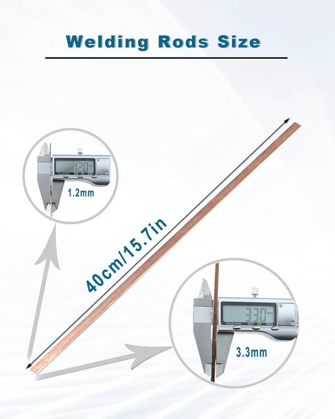 Image of Ten 15.7 Inch Copper Brazing Rods For Low Temperature Welding showing 1.2mm and 3.3mm measurements.