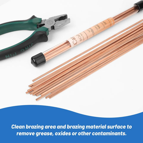 20 Sticks BCuP2 Copper Brazing Rods Phosphor Alloy For HVAC Pros And Refrigeration Piping next to pliers