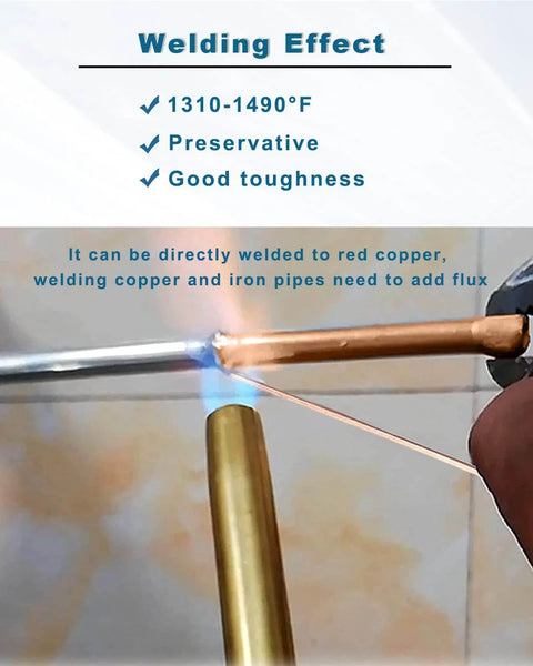 Ten 15.7 Inch Copper Brazing Rods welding demonstration with flame, suitable for low-temperature welding of copper pipes.