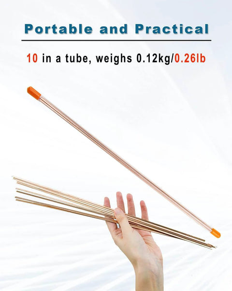 Hand holding Ten 15.7 Inch Copper Brazing Rods For Low Temperature Welding, Phosphor Copper Alloy With High Liquidity.