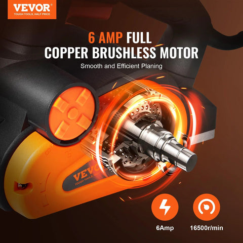 Close-up of a powerful 710W handheld planer with 16500 RPM copper brushless motor, ideal for precise wood smoothing.